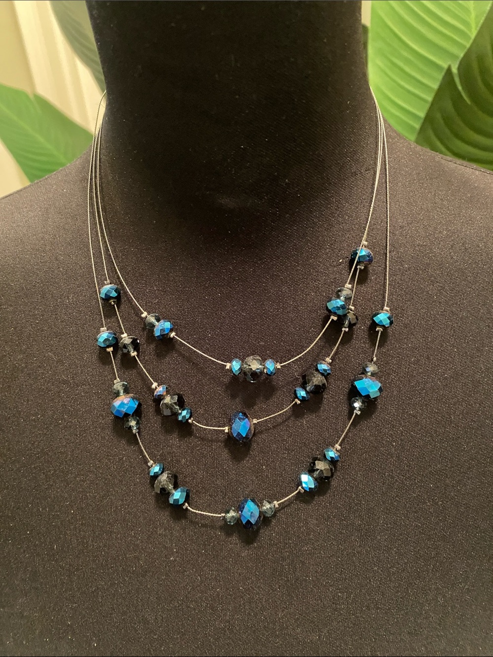 Multi-Strand Blue and Black Bead Necklace